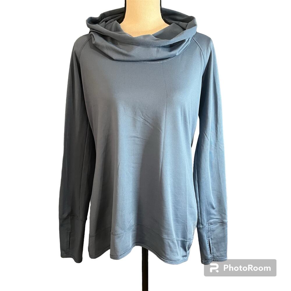 Reebok Blue Playwarm Fingerholes Funnel Neck Fleece Lined Pullover Top Sz L Cozy